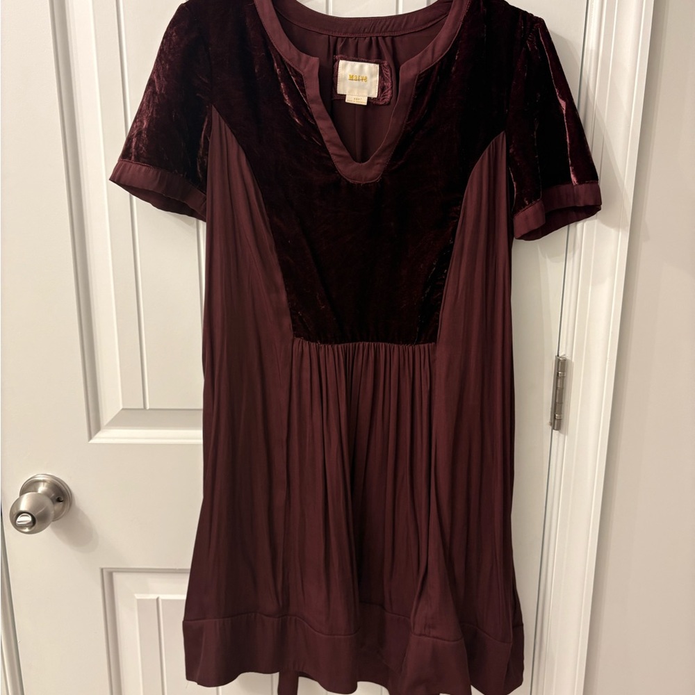 Maeve Burgundy Mini Dress with velvet detail